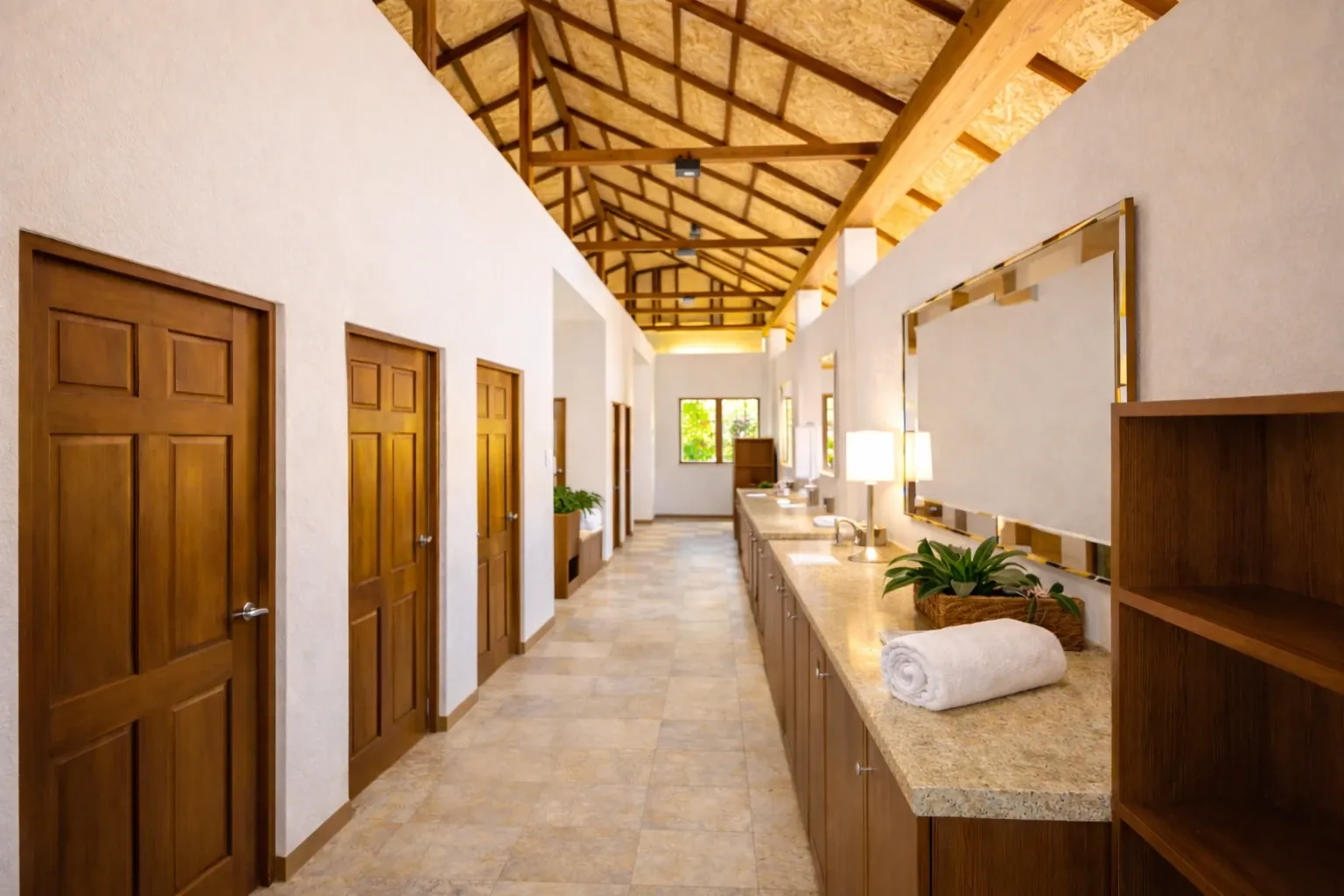 The colema rooms at the Santosa wellness centre, a row of private rooms under a timber roof