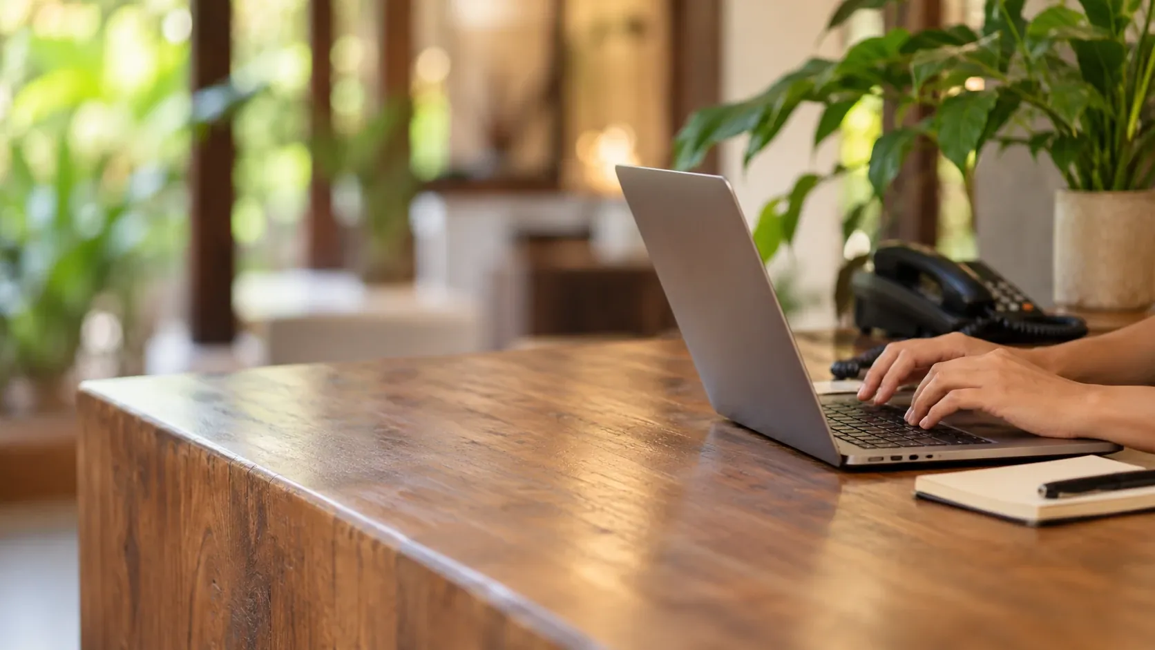 Hands typing on a laptop at a wooden reception desk, with a telephone and a notebook beside it