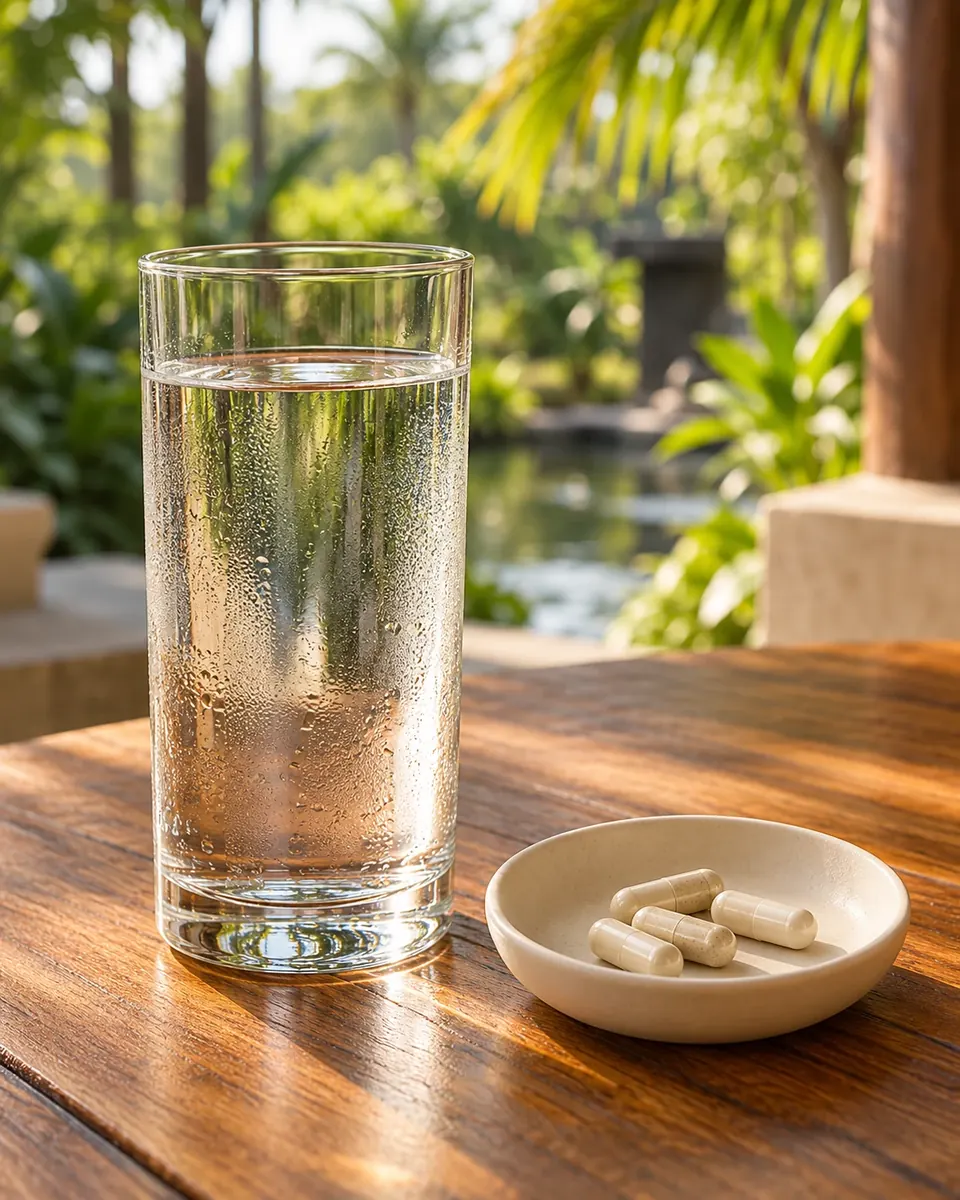 A glass of water and the day's nutrition supplements, during a fasting program at Santosa