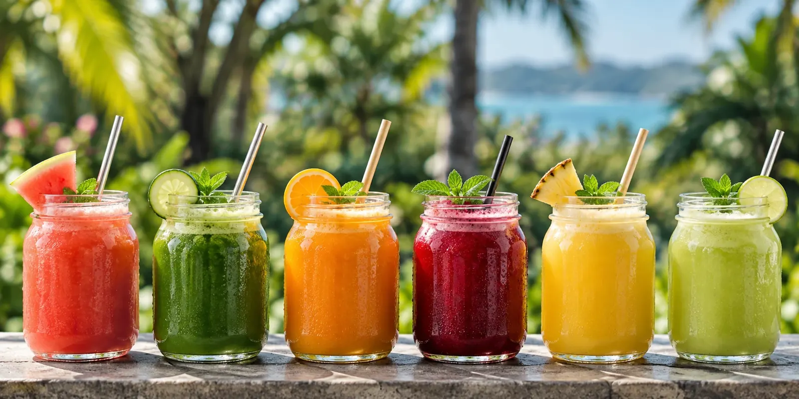 Six fresh juices in glass jars, with the sea behind