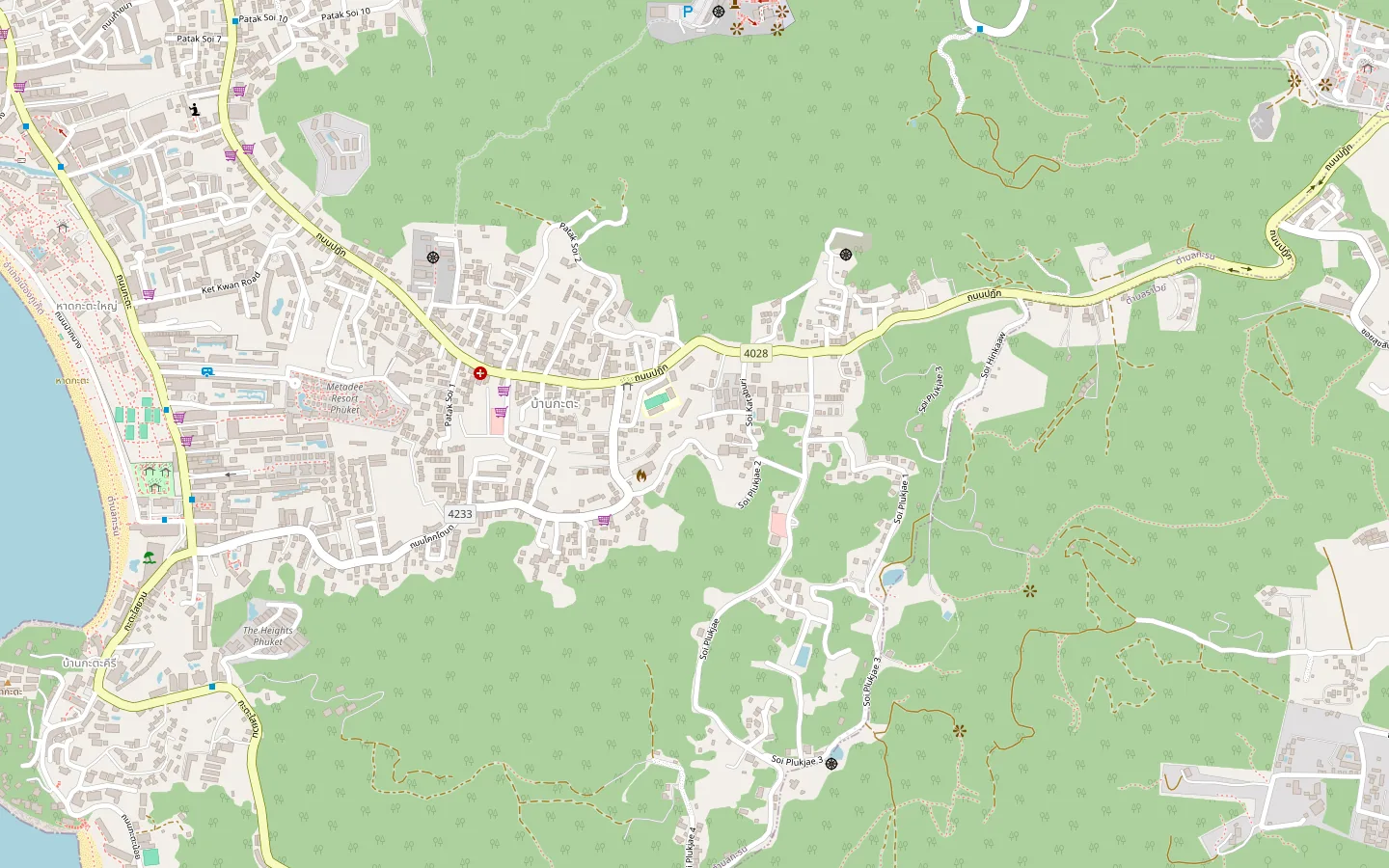 Map of Kata, Phuket, showing Santosa on the hillside east of Kata Beach