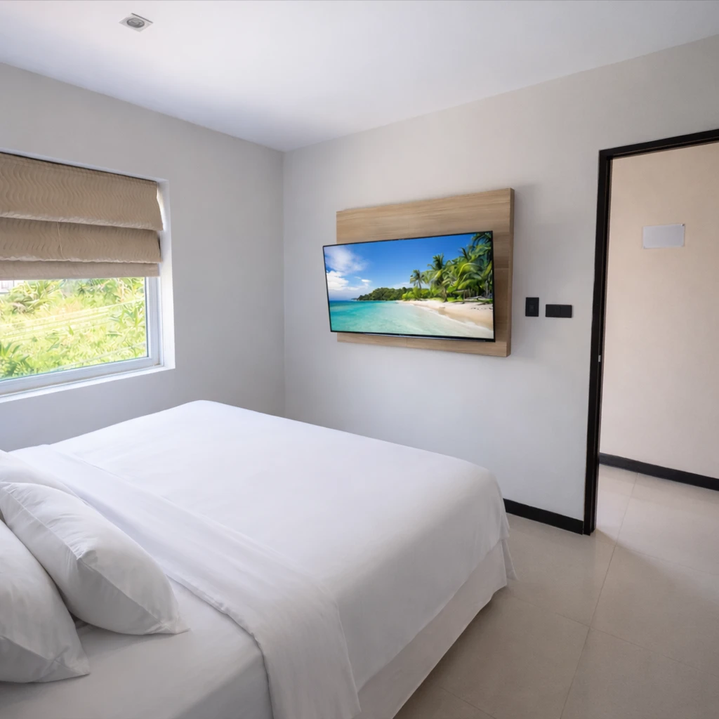 The separate bedroom, with a garden window