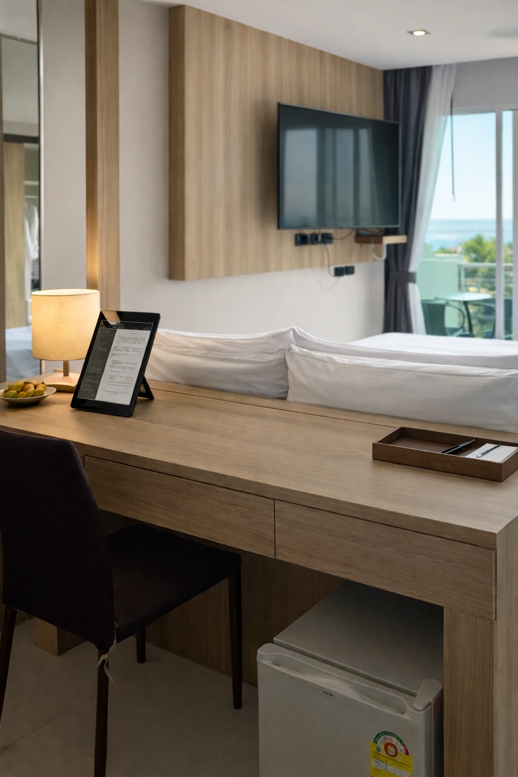 The desk and minibar, with the bed and balcony behind