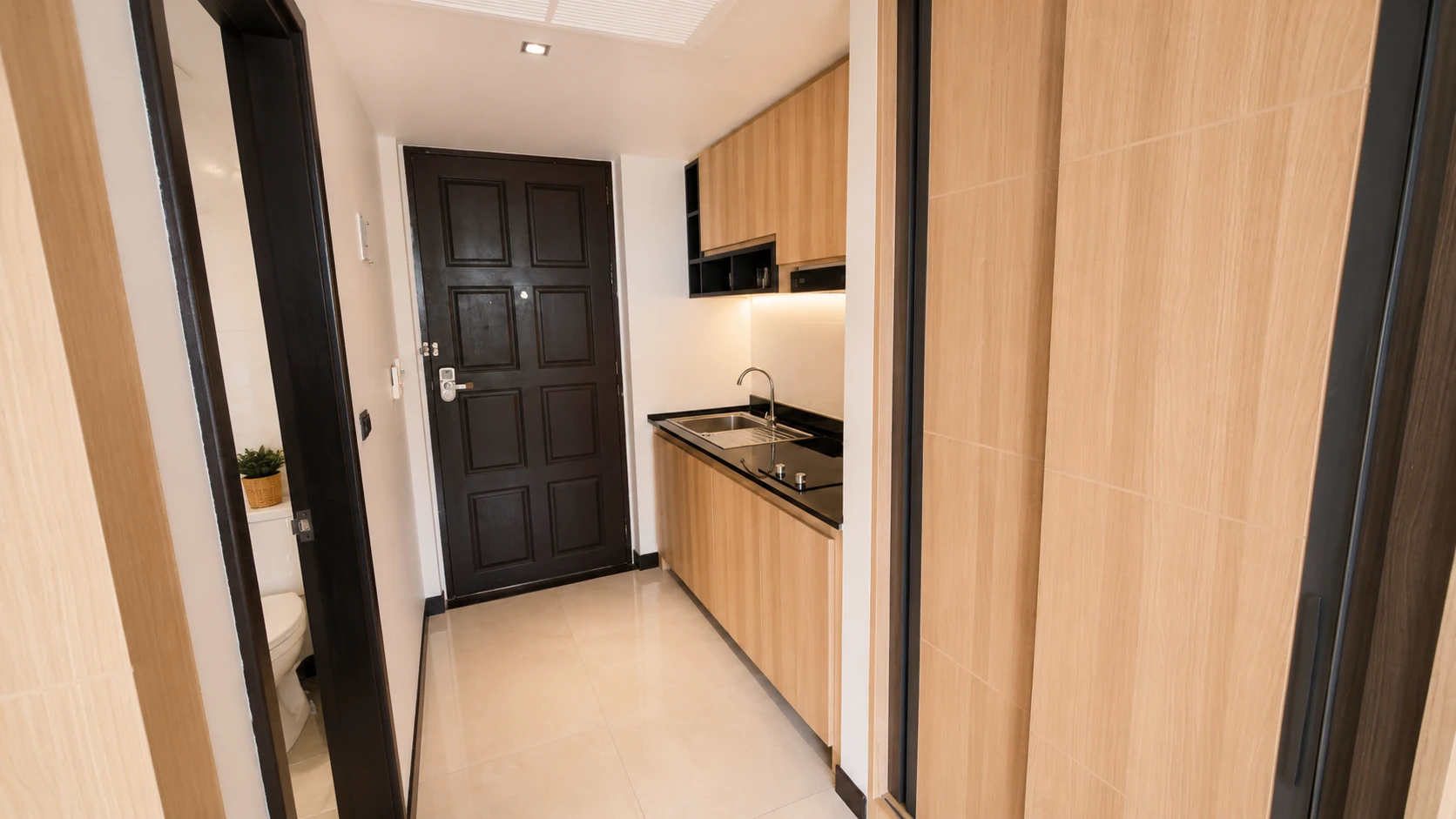 The entrance, with the kitchenette and the bathroom door