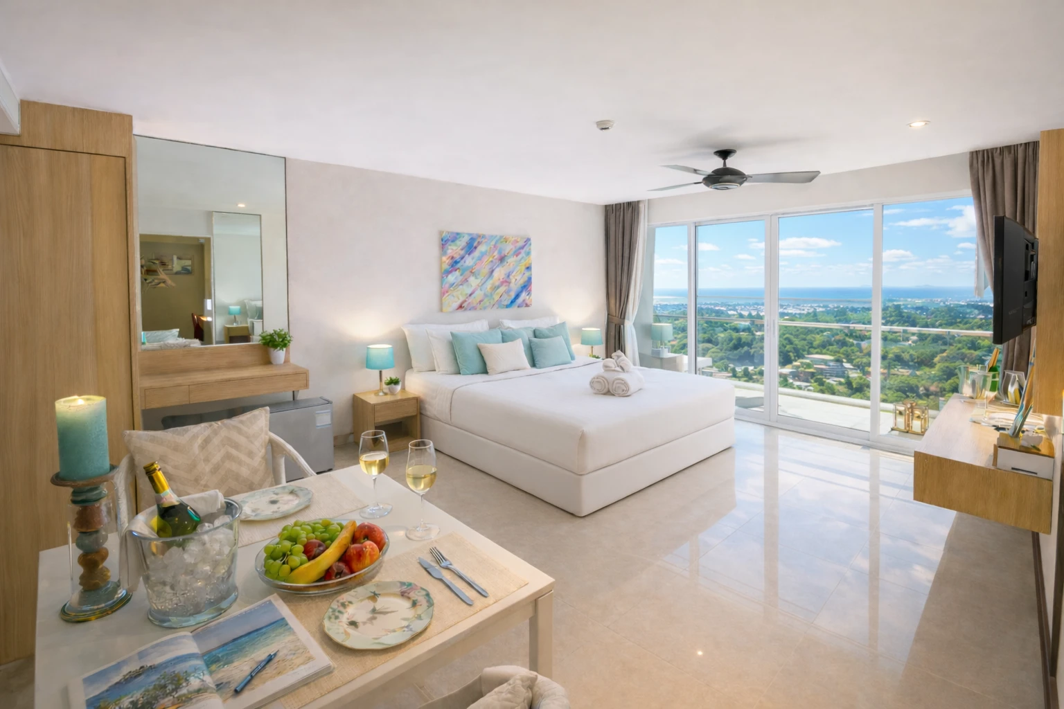 Standard Sea View room: king bed facing the glass doors, with Kata and the sea beyond